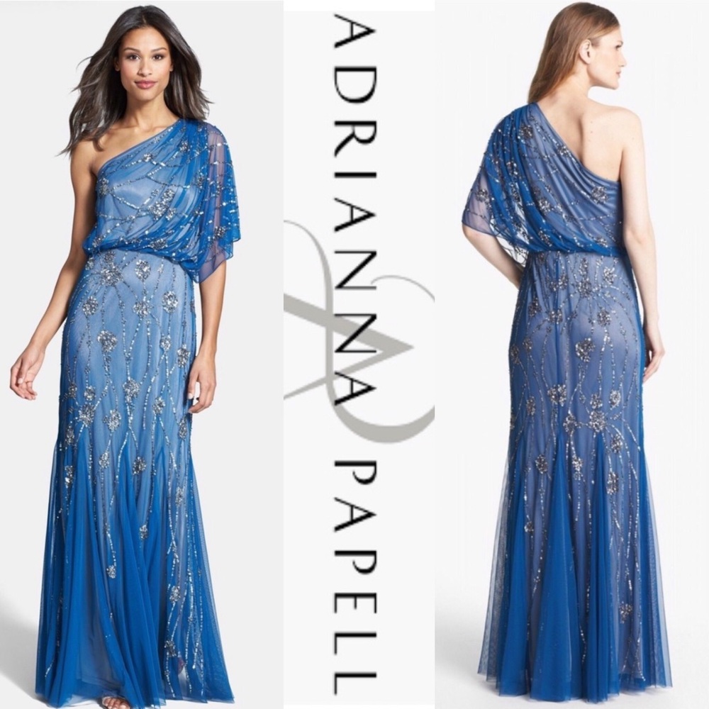 Adrianna Papell beaded one shoulder drape long gown - Picture 1 of 6